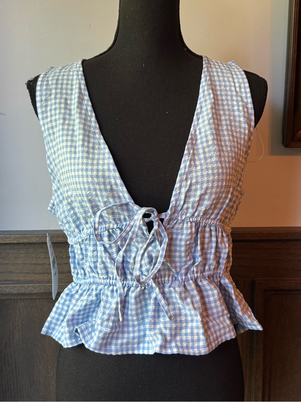 Hudson Gray Light Blue Gingham Tie-Front Crop Top medium nwt